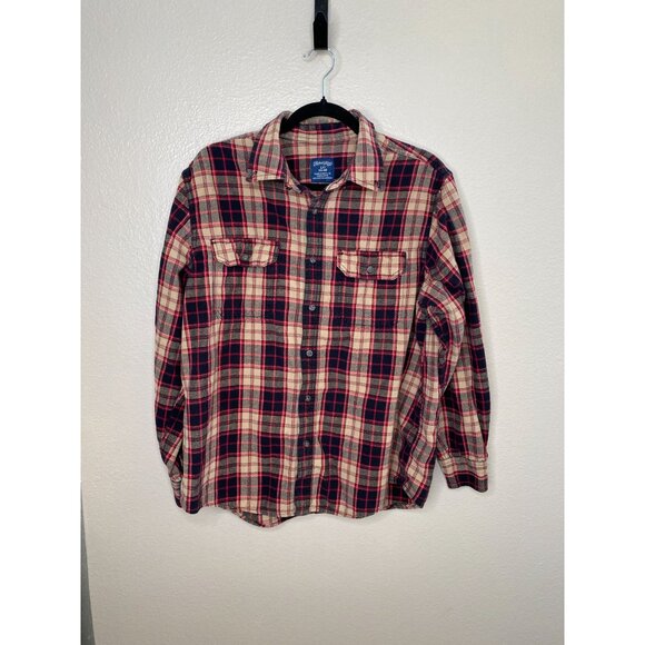 Faded Glory Mens Plaid Long Sleeve Button-Up Shirt Large Cotton Red/Khaki Casual - Picture 1 of 6